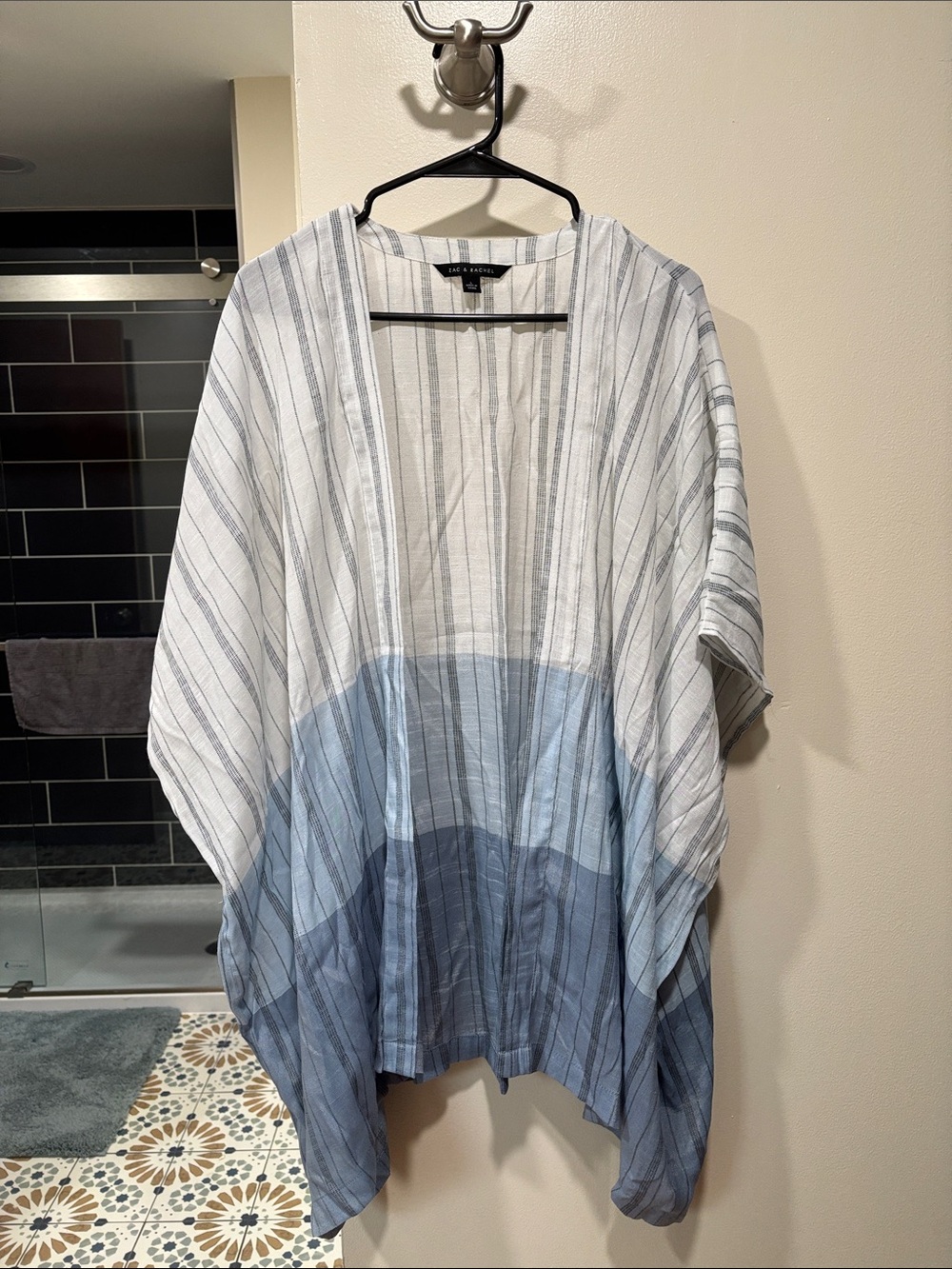 Lightweight Striped Open Front Kimono - Blue & White